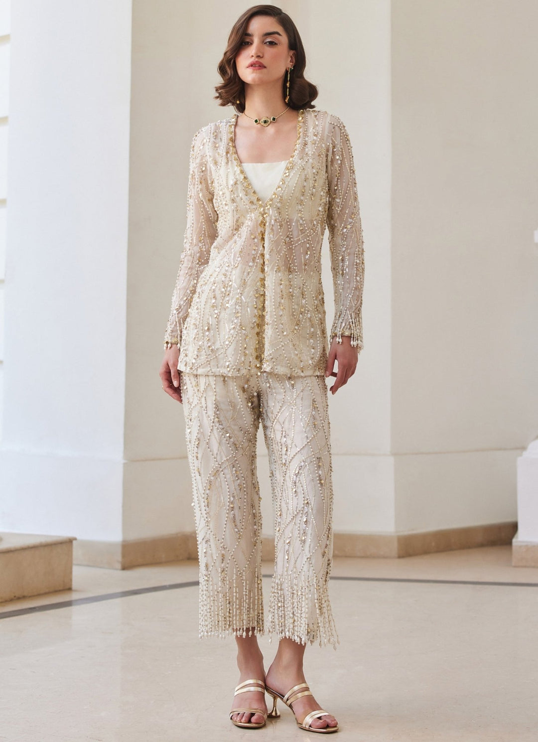 Pearl White Embroidered Pure Silk Organza Coord Set Sanya Gulati - Fabilicious Fashion