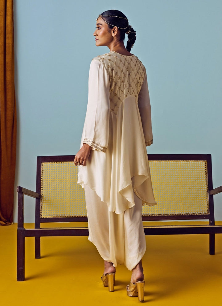 Pearl White Satin Silk Kurta Drape Skirt Set Prahnaaya - Fabilicious Fashion