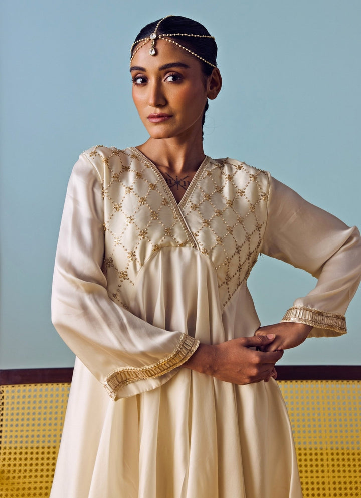 Pearl White Satin Silk Kurta Drape Skirt Set Prahnaaya - Fabilicious Fashion