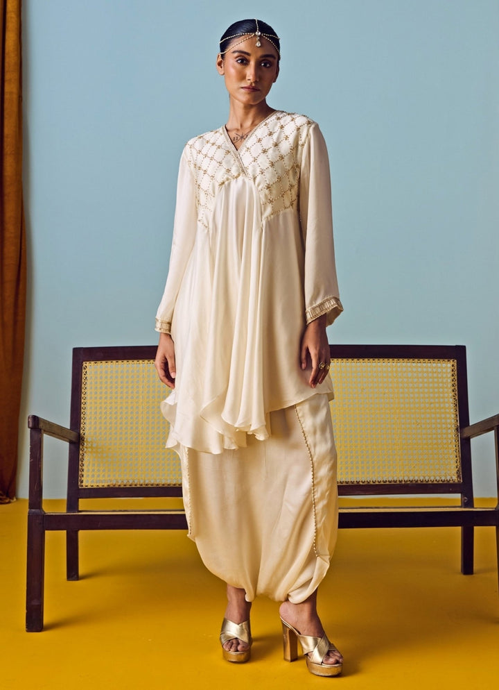 Pearl White Satin Silk Kurta Drape Skirt Set Prahnaaya - Fabilicious Fashion