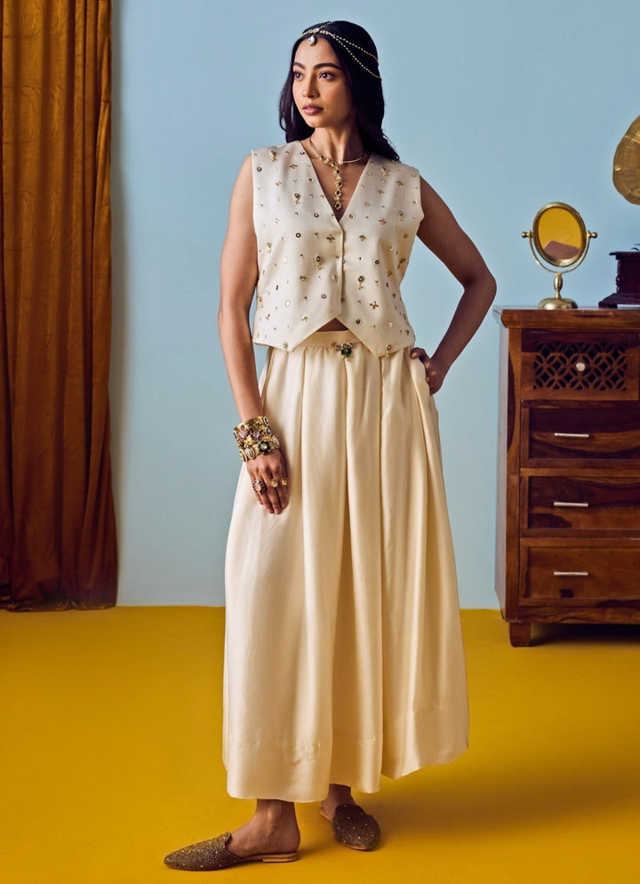 Pearl White Satin Silk Waistcoat And Skirt Prahnaaya - Fabilicious Fashion