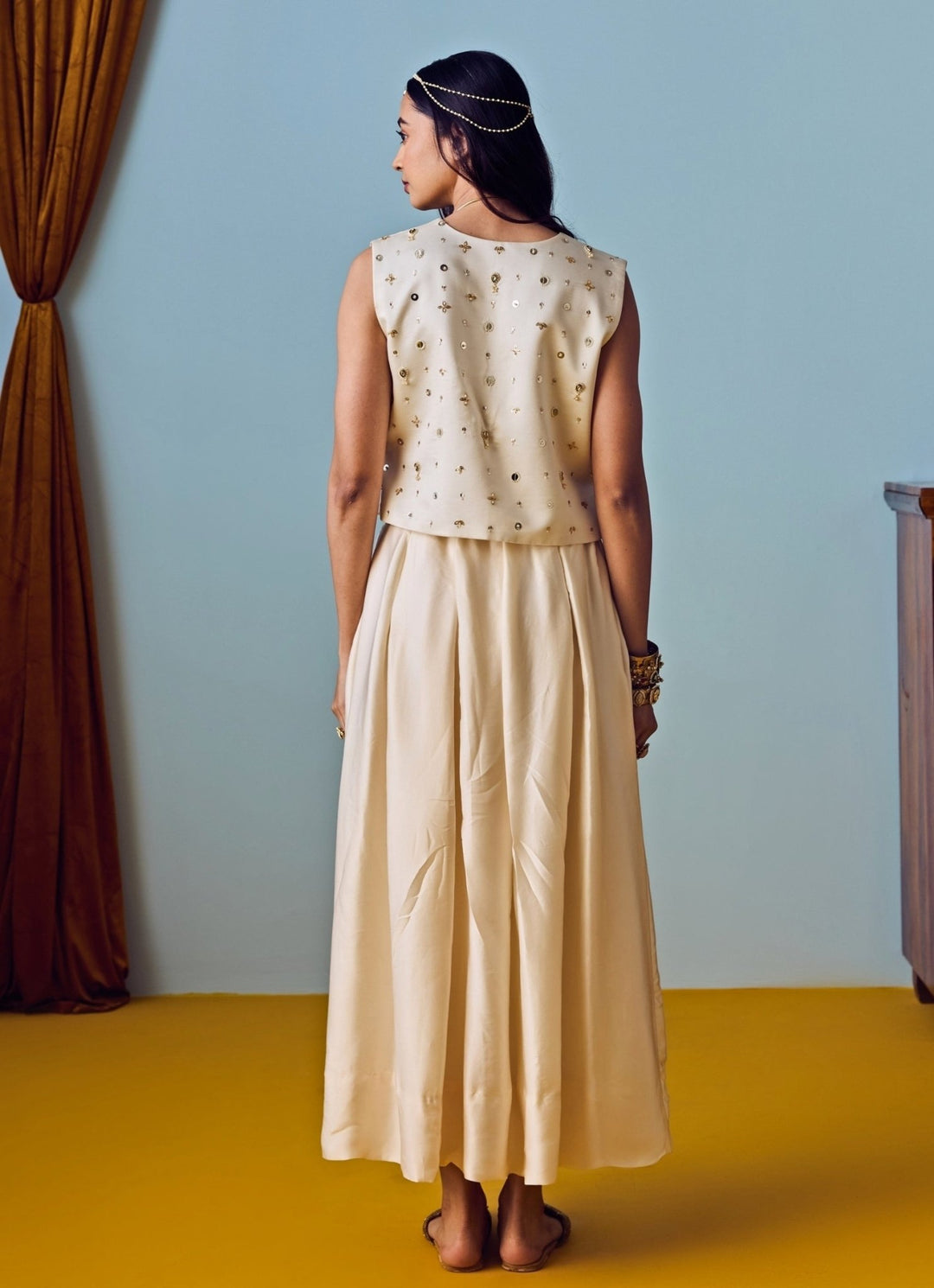 Pearl White Satin Silk Waistcoat And Skirt Prahnaaya - Fabilicious Fashion
