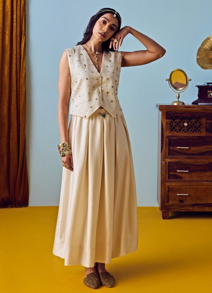 Pearl White Satin Silk Waistcoat And Skirt Prahnaaya - Fabilicious Fashion