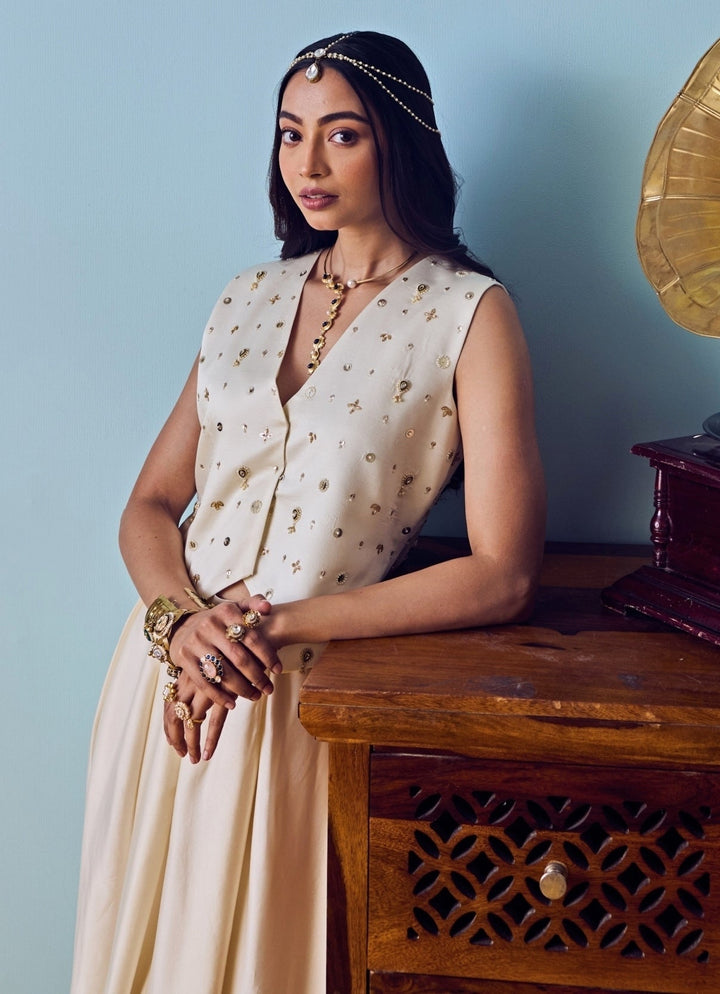 Pearl White Satin Silk Waistcoat And Skirt Prahnaaya - Fabilicious Fashion