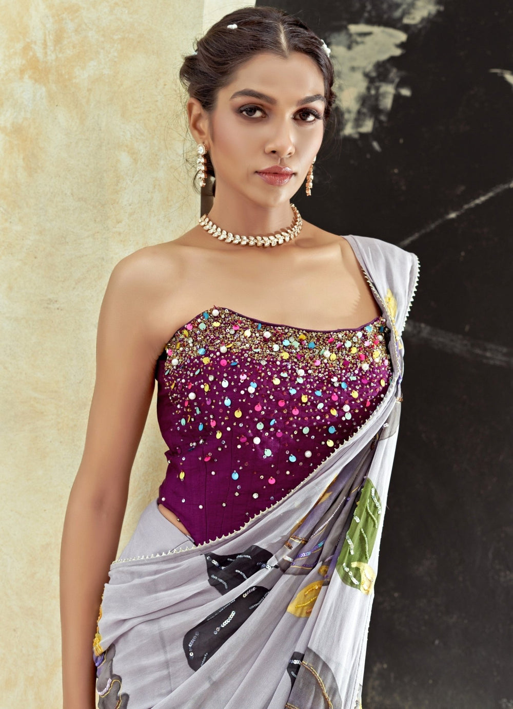 Periwinkle Blue Predraped Hand Painted Georgette Saree Set Priti Sahni - Fabilicious Fashion