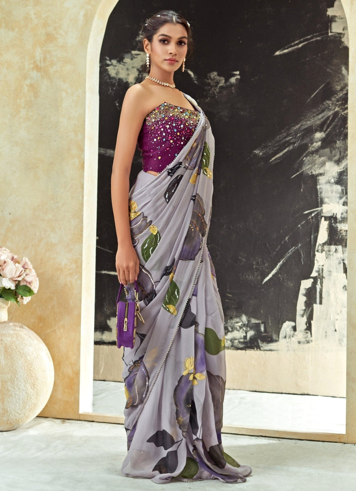 Periwinkle Blue Predraped Hand Painted Georgette Saree Set Priti Sahni - Fabilicious Fashion