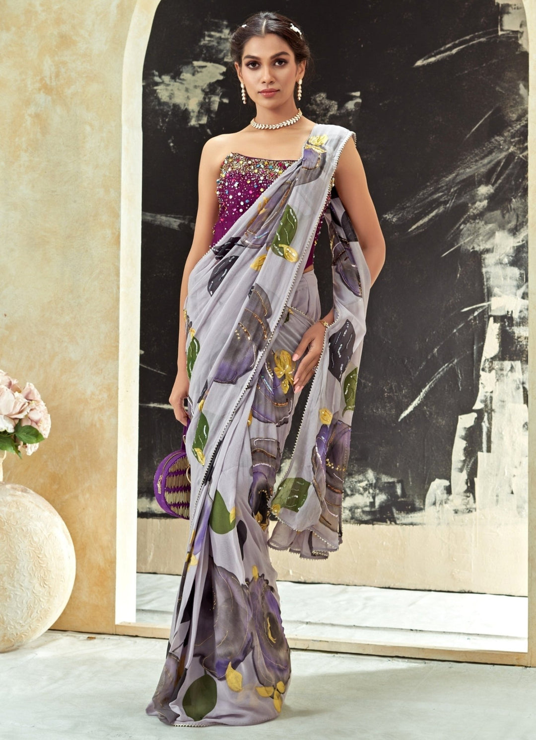 Periwinkle Blue Predraped Hand Painted Georgette Saree Set Priti Sahni - Fabilicious Fashion