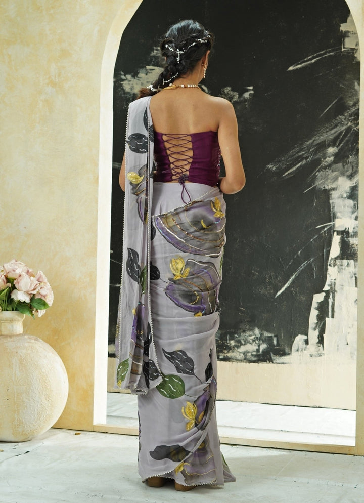 Periwinkle Blue Predraped Hand Painted Georgette Saree Set Priti Sahni - Fabilicious Fashion