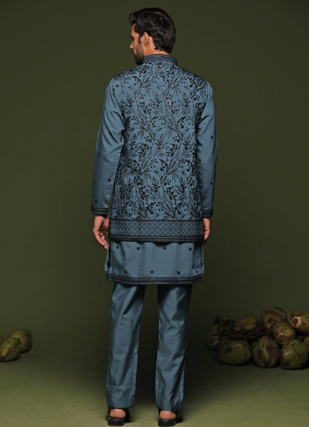 Persian Blue Embroidered Georgette Kurta Jacket Set Kalpraag - Fabilicious Fashion