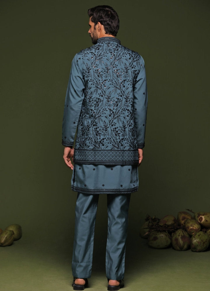 Persian Blue Embroidered Georgette Kurta Jacket Set Kalpraag - Fabilicious Fashion