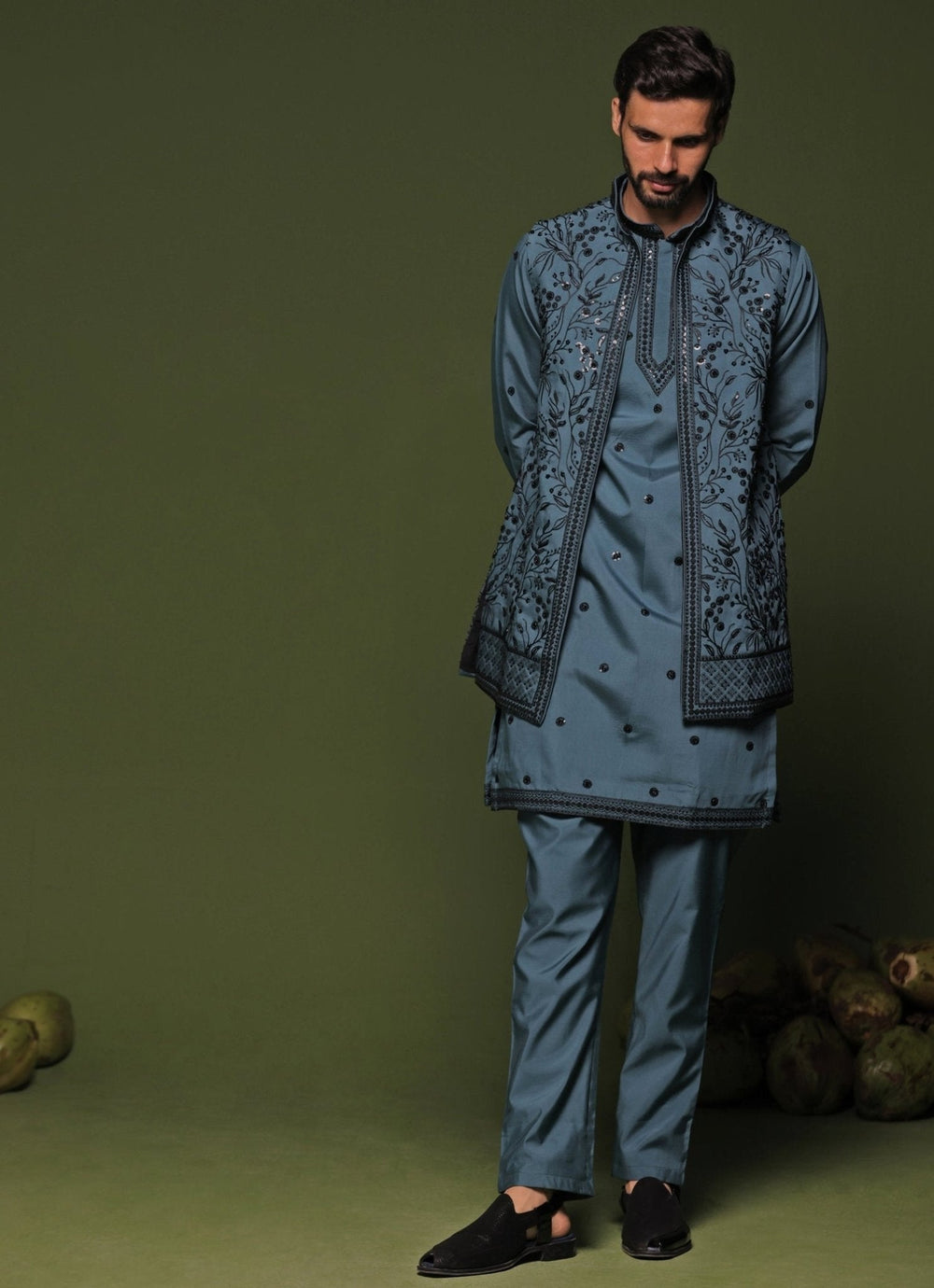 Persian Blue Embroidered Georgette Kurta Jacket Set Kalpraag - Fabilicious Fashion