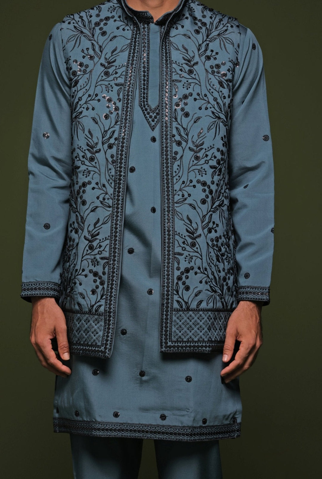 Persian Blue Embroidered Georgette Kurta Jacket Set Kalpraag - Fabilicious Fashion