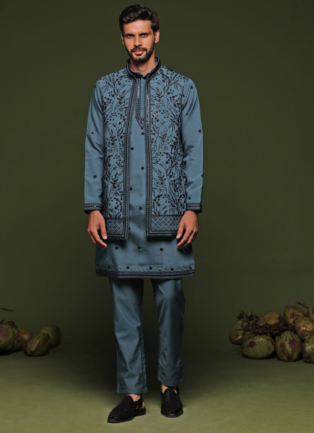 Persian Blue Embroidered Georgette Kurta Jacket Set Kalpraag - Fabilicious Fashion