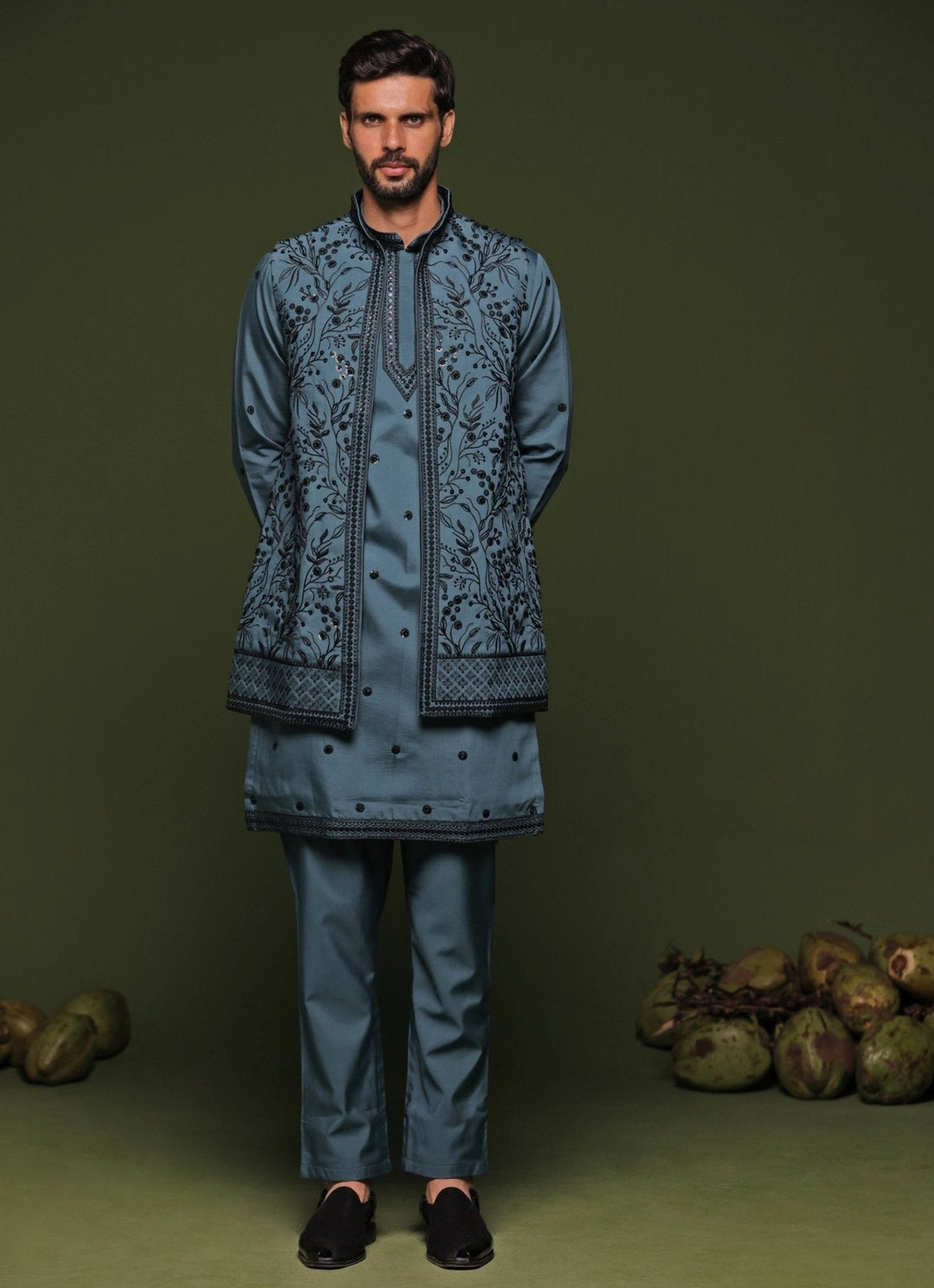 Persian Blue Embroidered Georgette Kurta Jacket Set Kalpraag - Fabilicious Fashion
