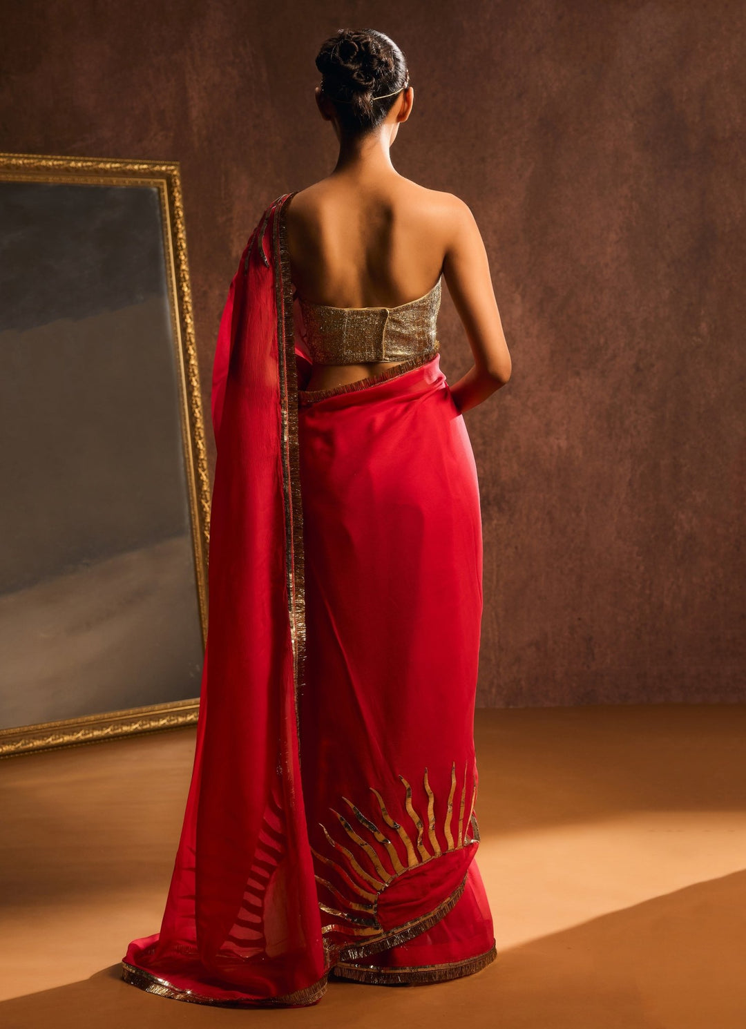 Persian Red And Gold Pure Chiffon Saree Kapardara - Fabilicious Fashion