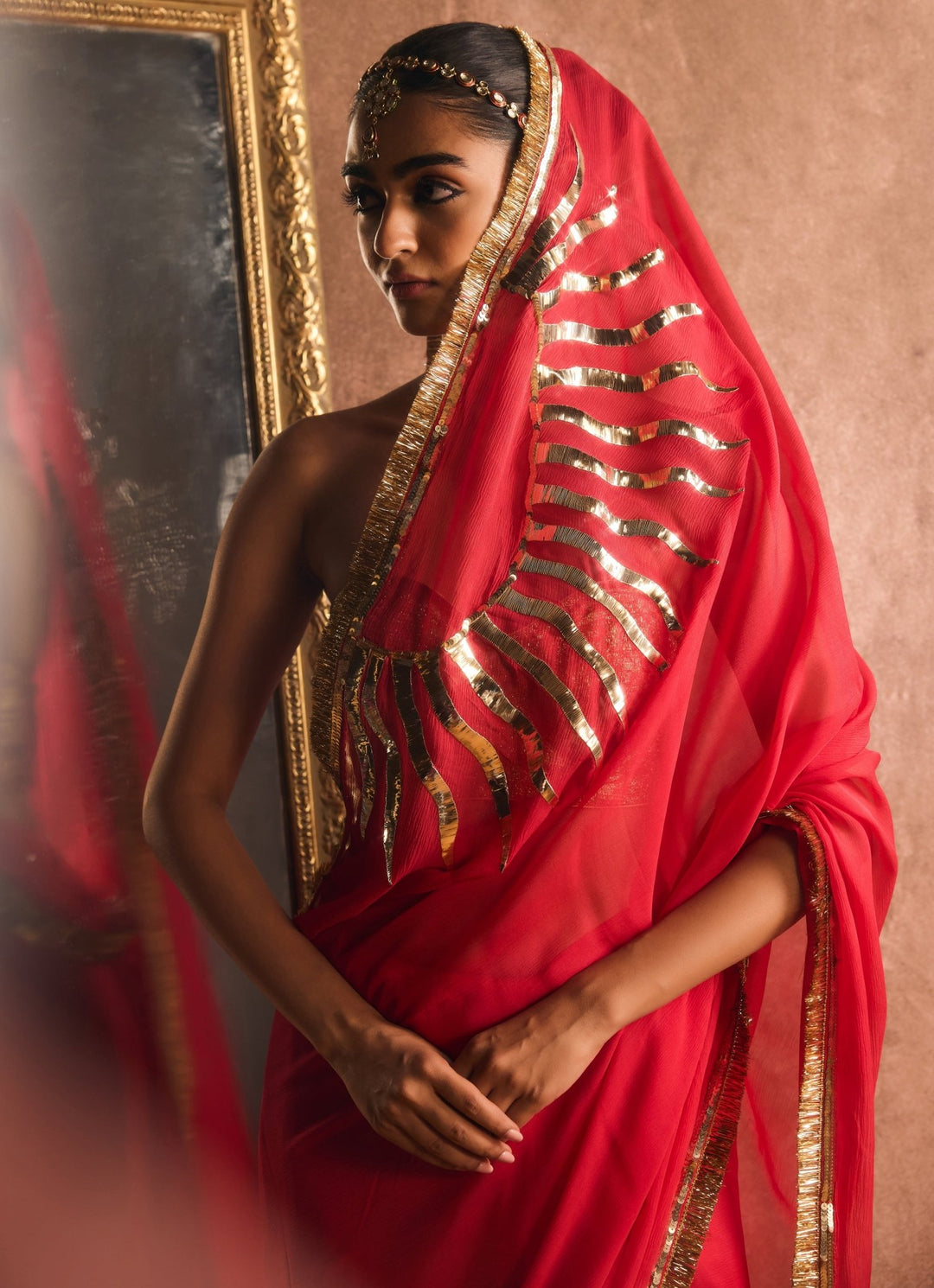 Persian Red And Gold Pure Chiffon Saree Kapardara - Fabilicious Fashion
