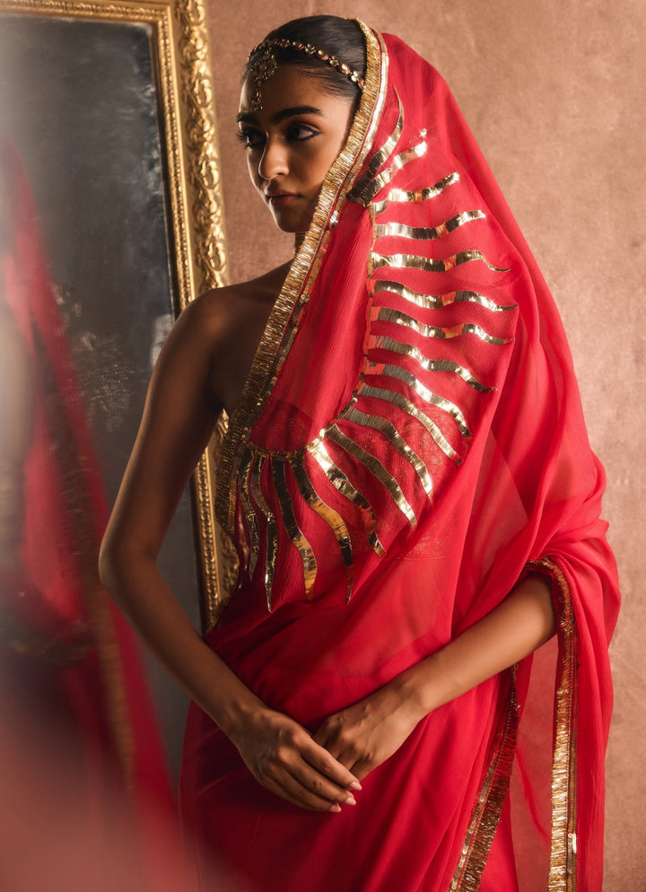 Persian Red And Gold Pure Chiffon Saree Kapardara - Fabilicious Fashion