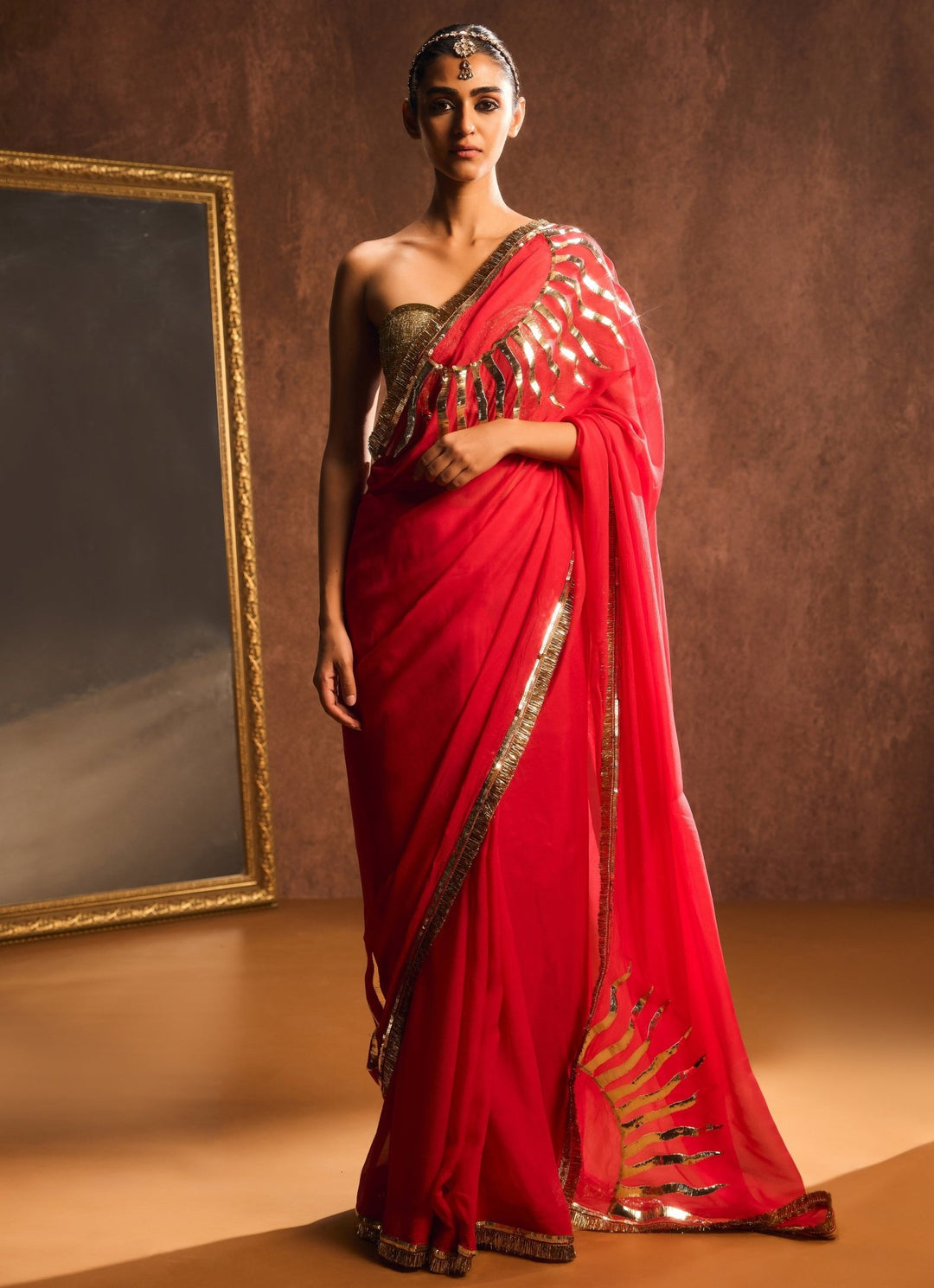 Persian Red And Gold Pure Chiffon Saree Kapardara - Fabilicious Fashion