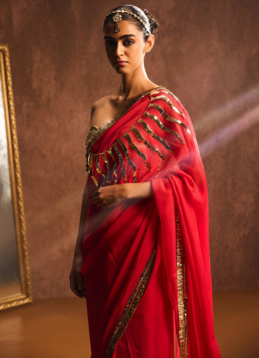 Persian Red And Gold Pure Chiffon Saree Kapardara - Fabilicious Fashion
