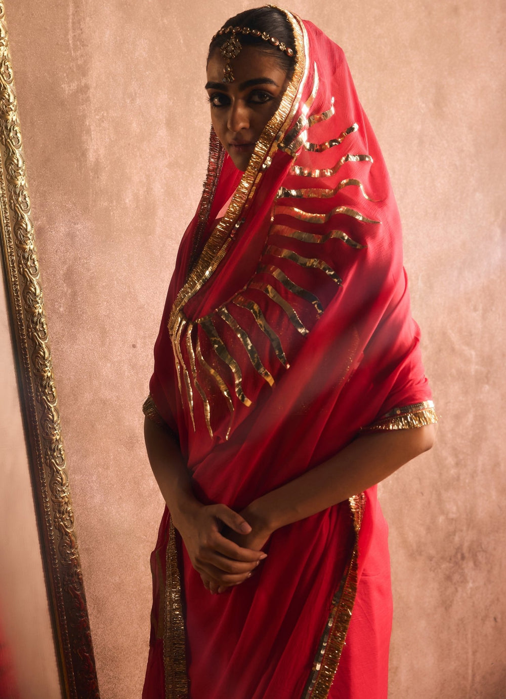 Persian Red And Gold Pure Chiffon Saree Kapardara - Fabilicious Fashion