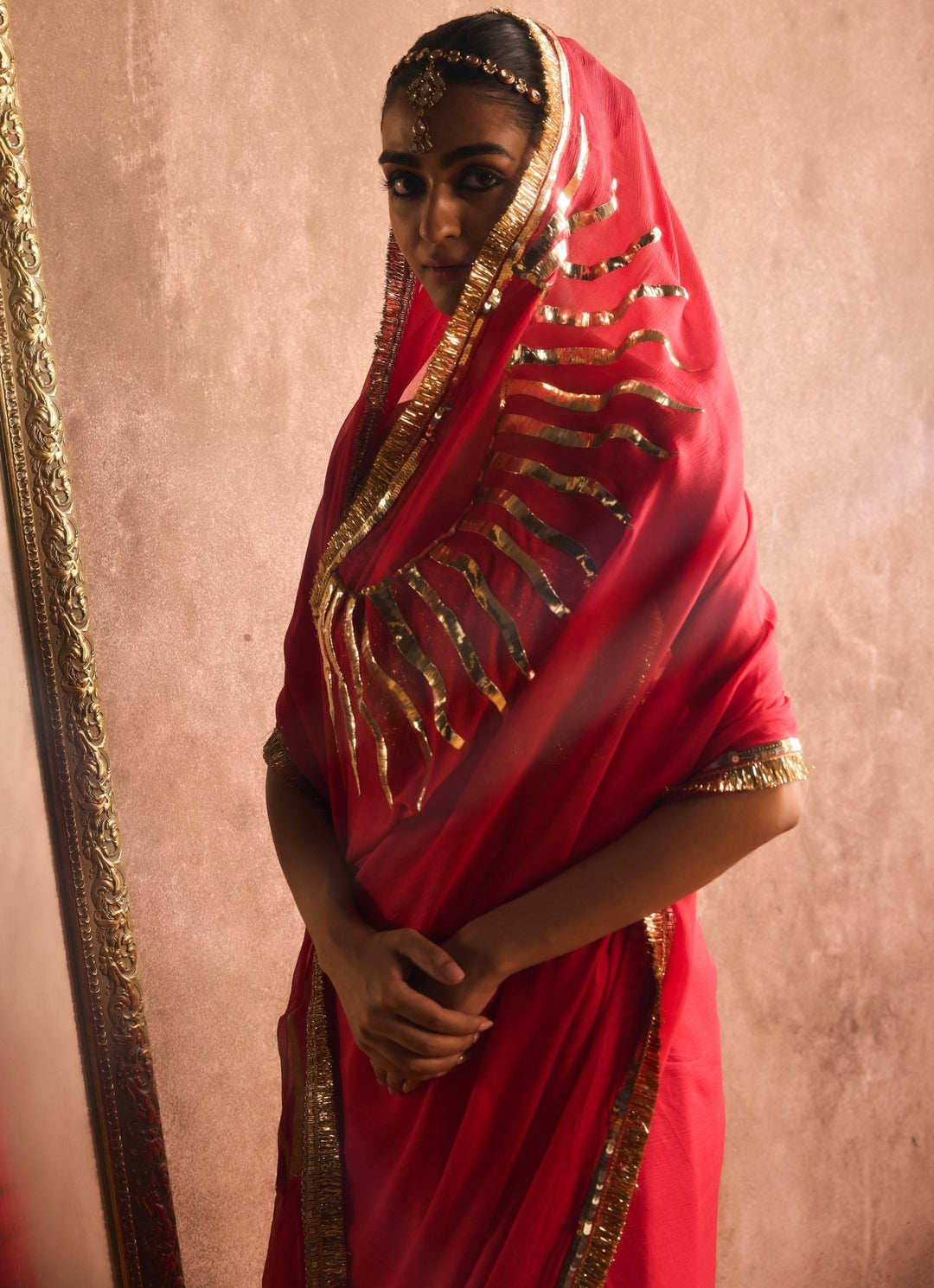 Persian Red And Gold Pure Chiffon Saree Kapardara - Fabilicious Fashion