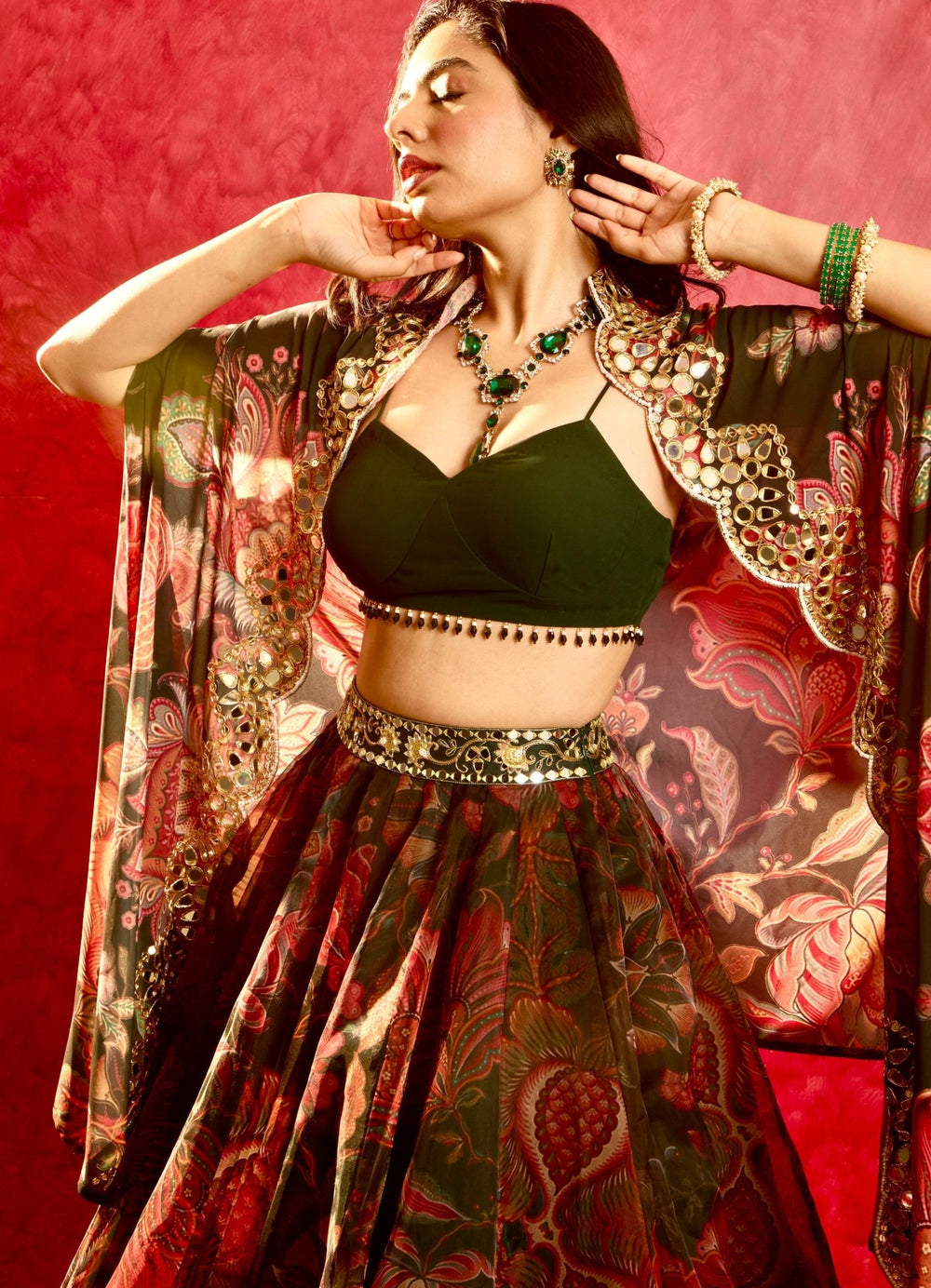 Pine Green Printed Embroidered Lehenga Cape Set Rashika Sharma - Fabilicious Fashion