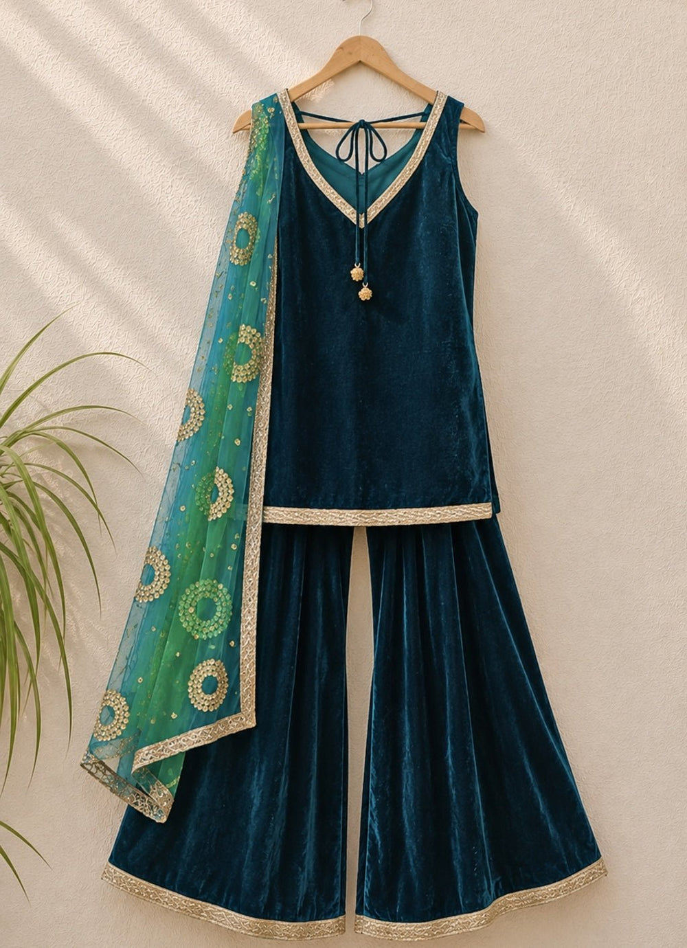 Pine Green Velvet Kurta Sharara Set With Ombre Dupatta Anisha Shetty - Fabilicious Fashion
