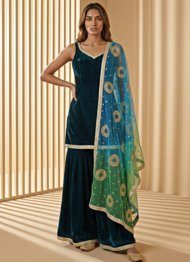 Pine Green Velvet Kurta Sharara Set With Ombre Dupatta Anisha Shetty - Fabilicious Fashion