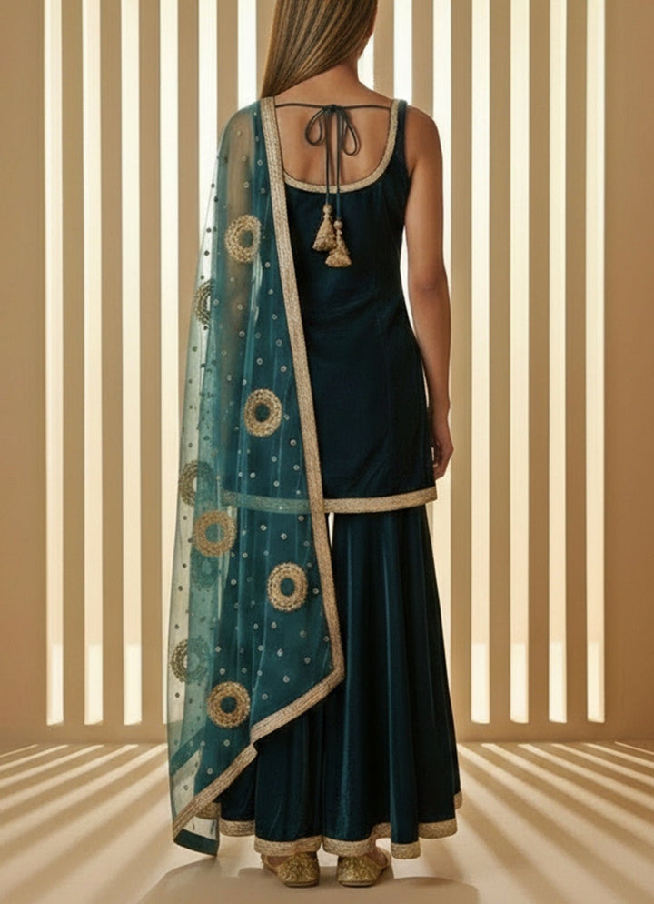 Pine Green Velvet Kurta Sharara Set With Ombre Dupatta Anisha Shetty - Fabilicious Fashion