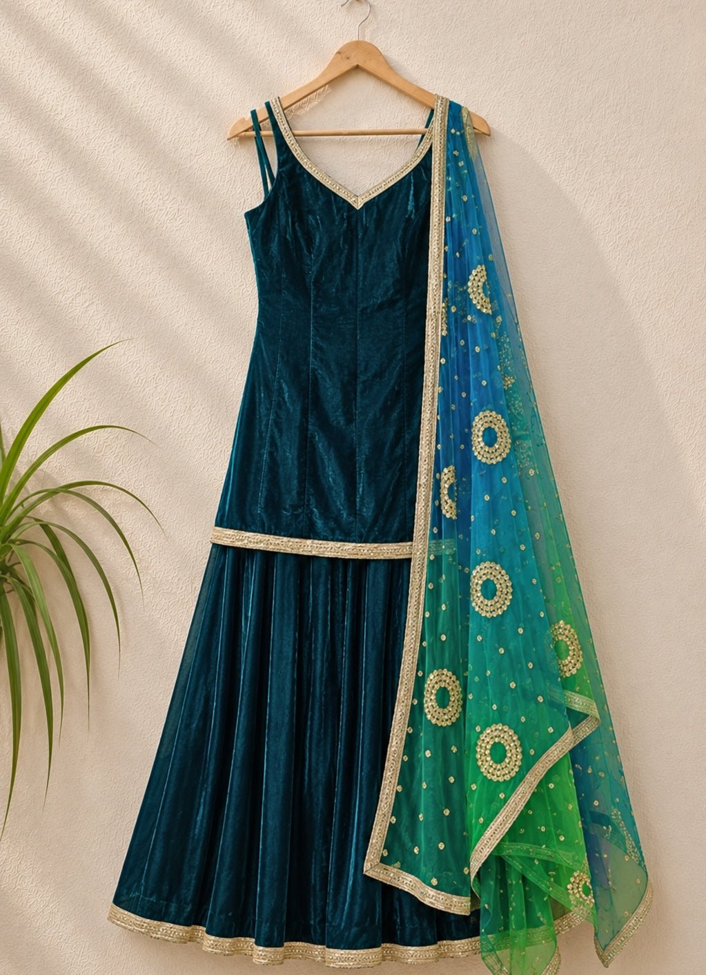 Pine Green Velvet Kurta Sharara Set With Ombre Dupatta Anisha Shetty - Fabilicious Fashion