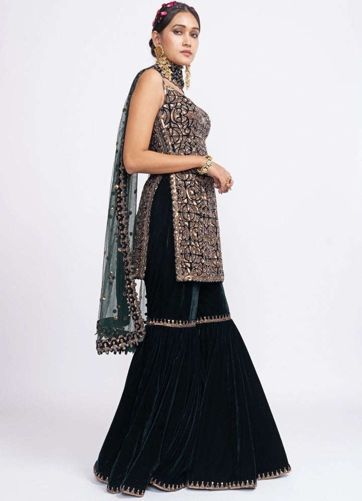 Pine Green Velvet Kurta Sharara Set Vvani by Vani Vats - Fabilicious Fashion