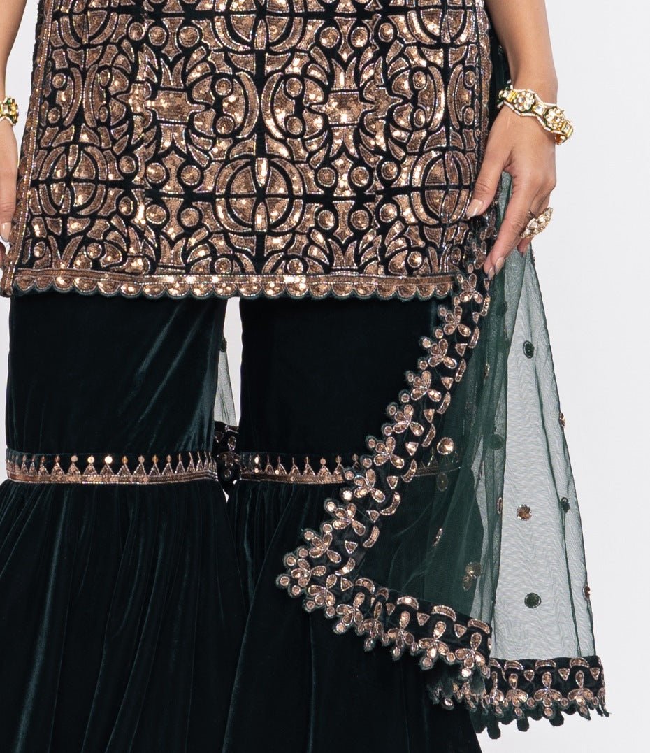 Pine Green Velvet Kurta Sharara Set Vvani by Vani Vats - Fabilicious Fashion
