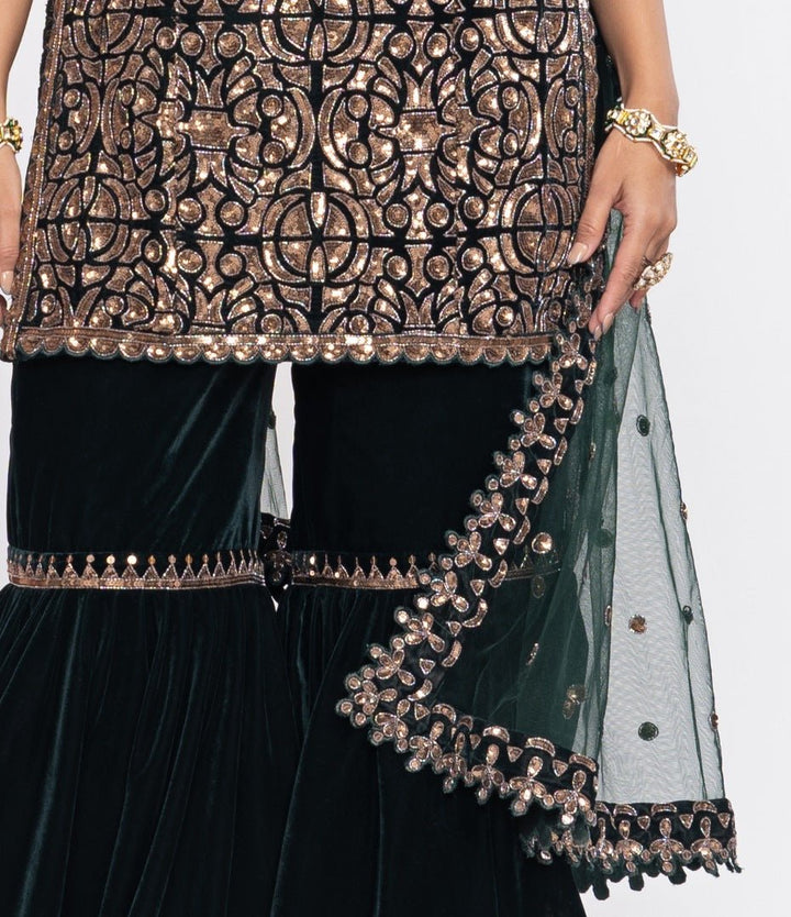 Pine Green Velvet Kurta Sharara Set Vvani by Vani Vats - Fabilicious Fashion