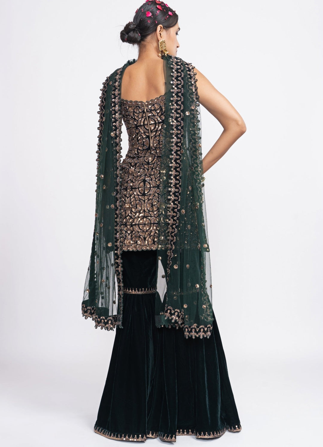 Pine Green Velvet Kurta Sharara Set Vvani by Vani Vats - Fabilicious Fashion