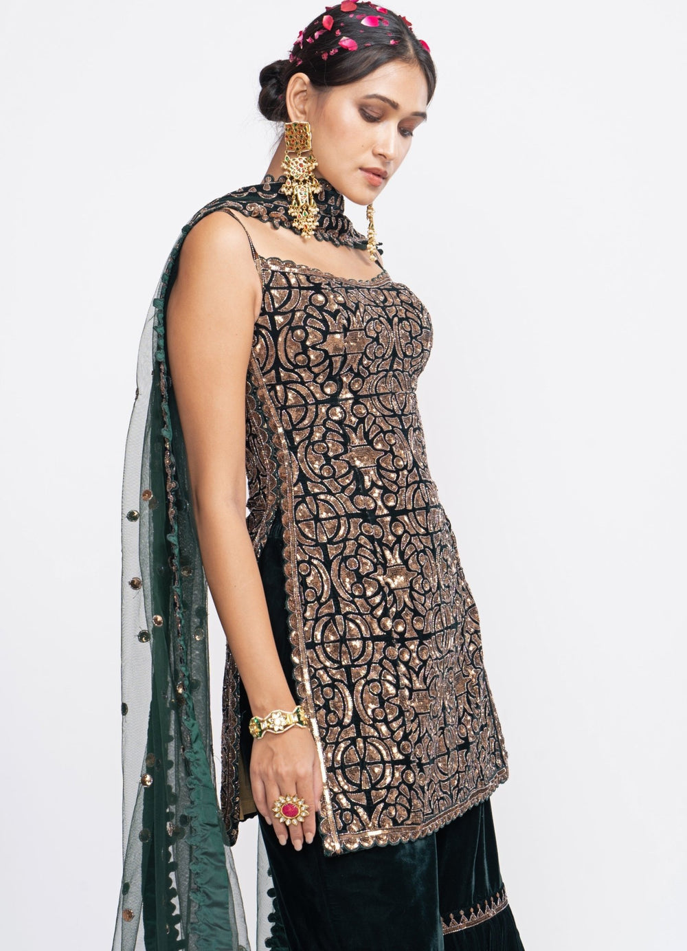 Pine Green Velvet Kurta Sharara Set Vvani by Vani Vats - Fabilicious Fashion