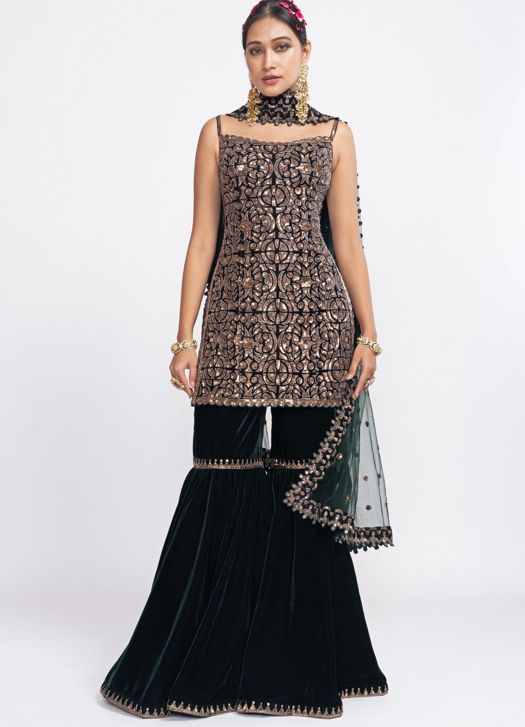 Pine Green Velvet Kurta Sharara Set Vvani by Vani Vats - Fabilicious Fashion