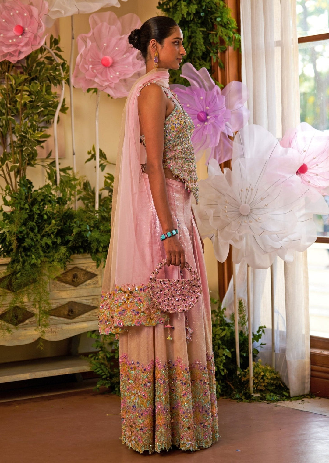 Pink And Aqua Blue Embroidered Organza Kurta Sharara Set Moledro - Fabilicious Fashion