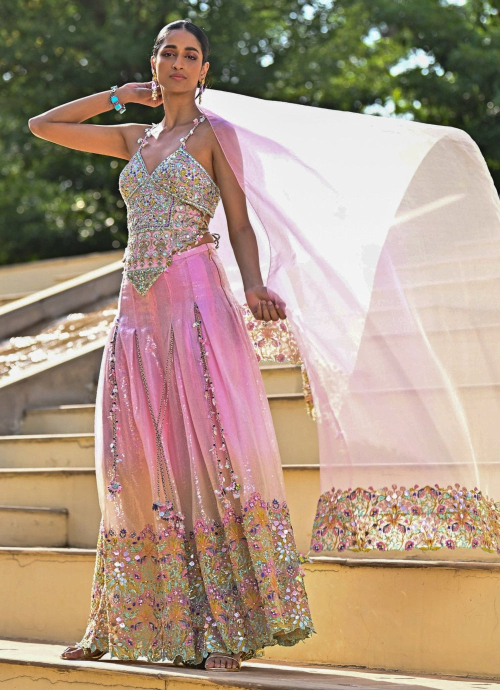 Pink And Aqua Blue Embroidered Organza Kurta Sharara Set Moledro - Fabilicious Fashion
