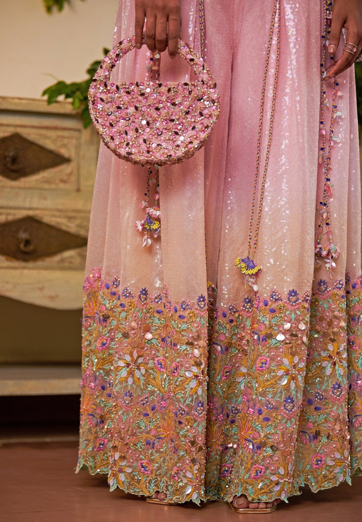 Pink And Aqua Blue Embroidered Organza Kurta Sharara Set Moledro - Fabilicious Fashion