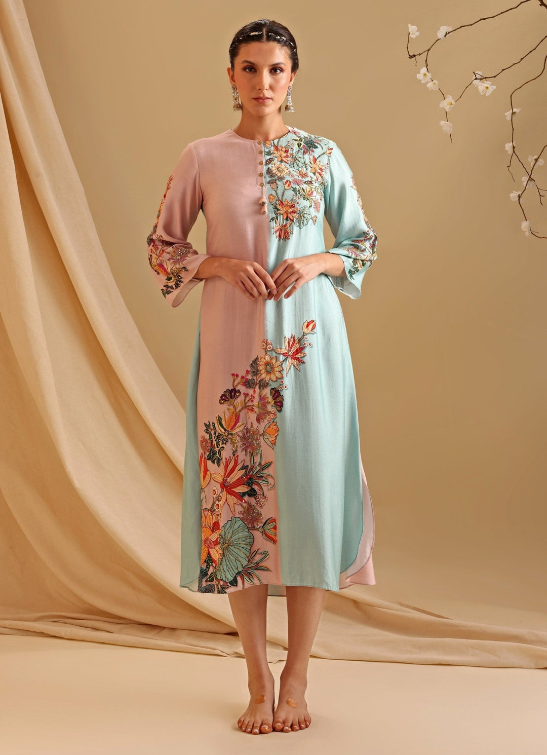 Pink And Blue Floral Embroidery Bloom Chanderi Dress Soup By Sougat Paul - Fabilicious Fashion
