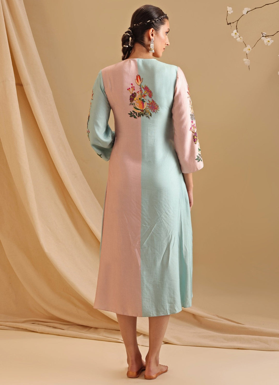 Pink And Blue Floral Embroidery Bloom Chanderi Dress Soup By Sougat Paul - Fabilicious Fashion