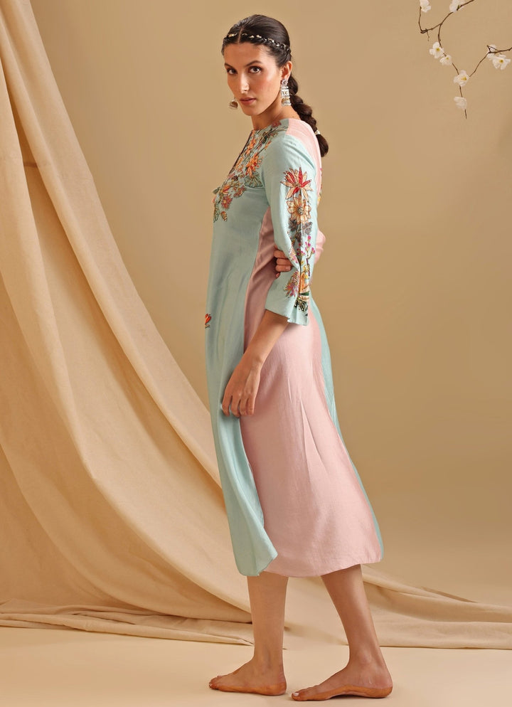 Pink And Blue Floral Embroidery Bloom Chanderi Dress Soup By Sougat Paul - Fabilicious Fashion