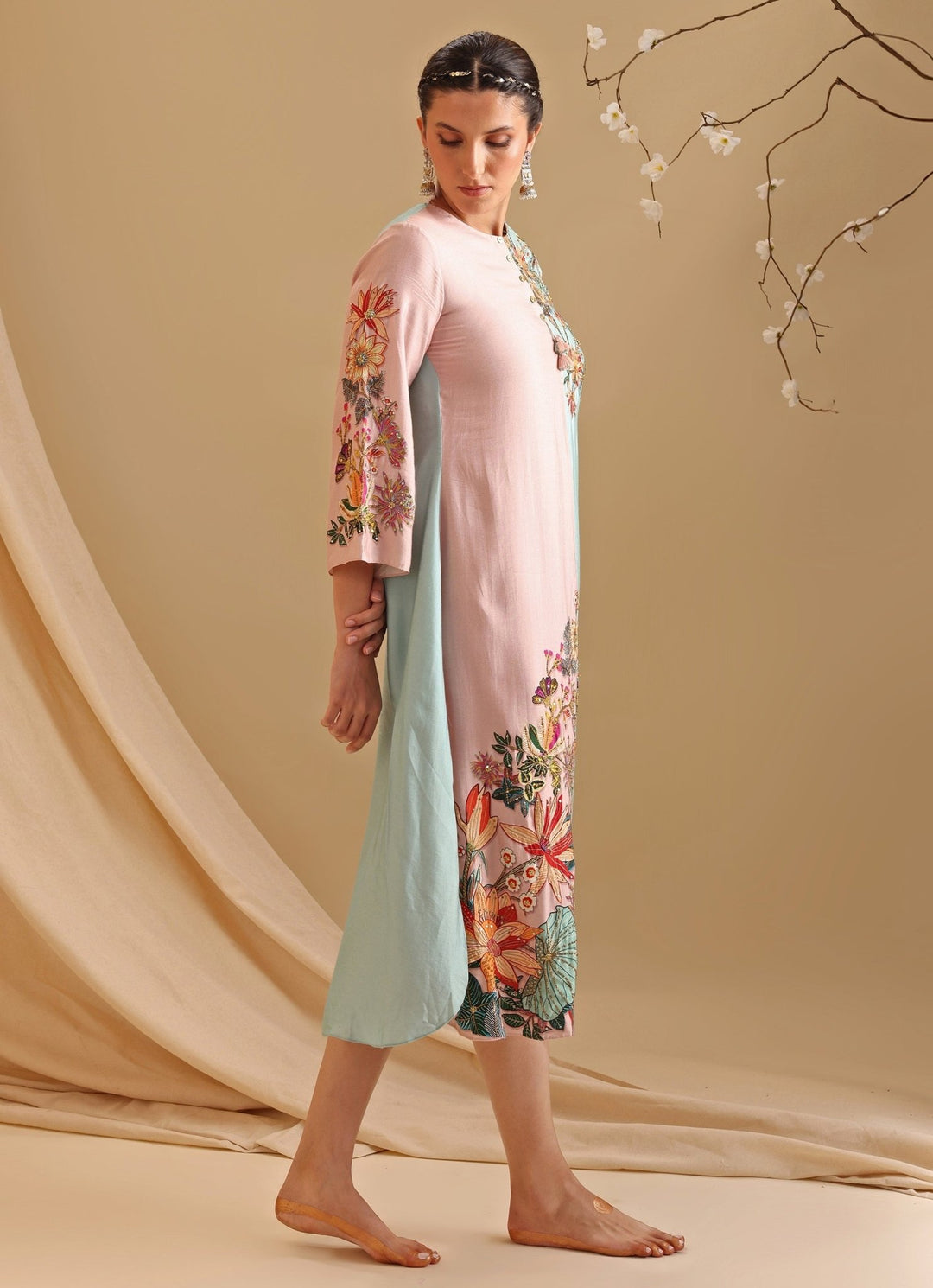 Pink And Blue Floral Embroidery Bloom Chanderi Dress Soup By Sougat Paul - Fabilicious Fashion
