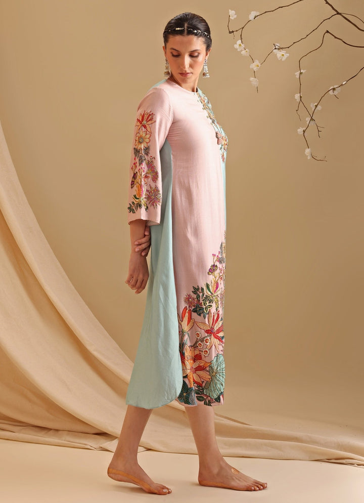 Pink And Blue Floral Embroidery Bloom Chanderi Dress Soup By Sougat Paul - Fabilicious Fashion
