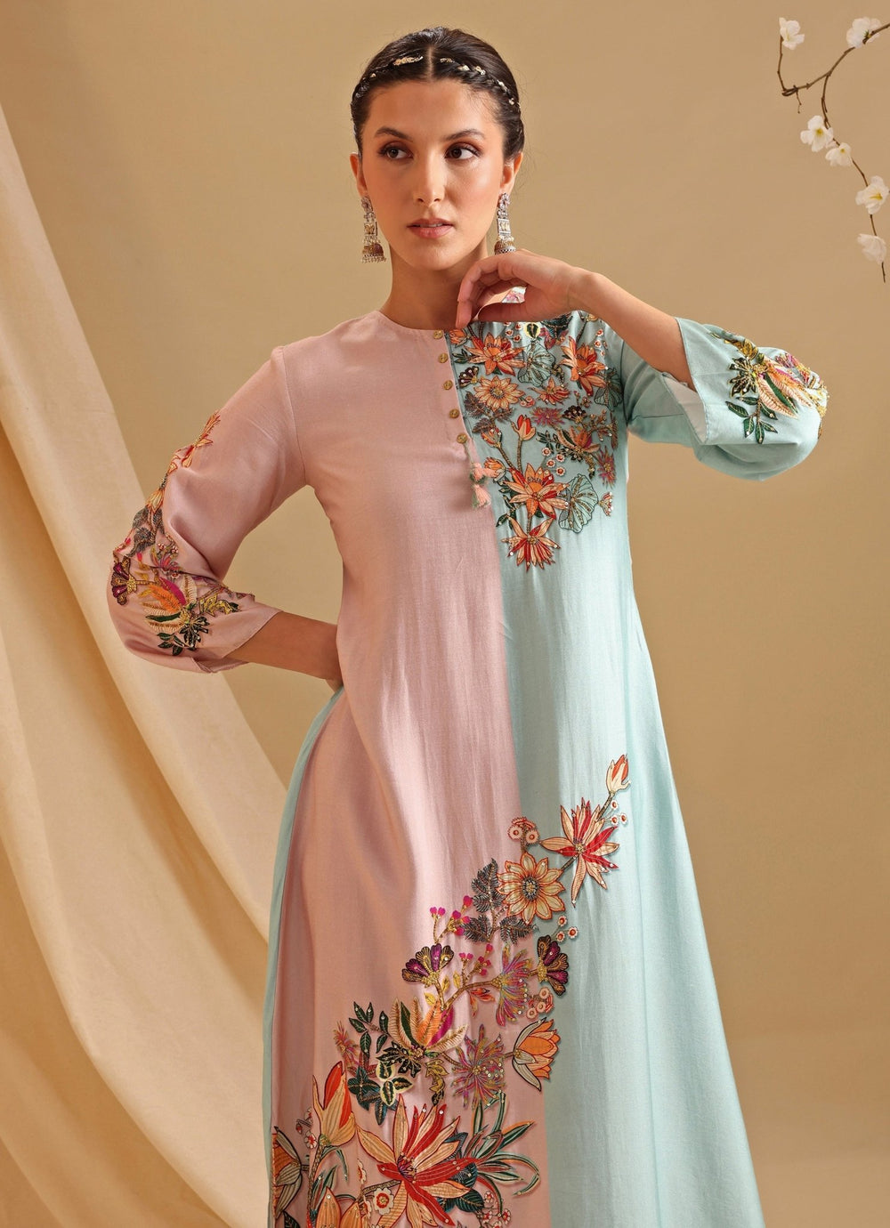 Pink And Blue Floral Embroidery Bloom Chanderi Dress Soup By Sougat Paul - Fabilicious Fashion