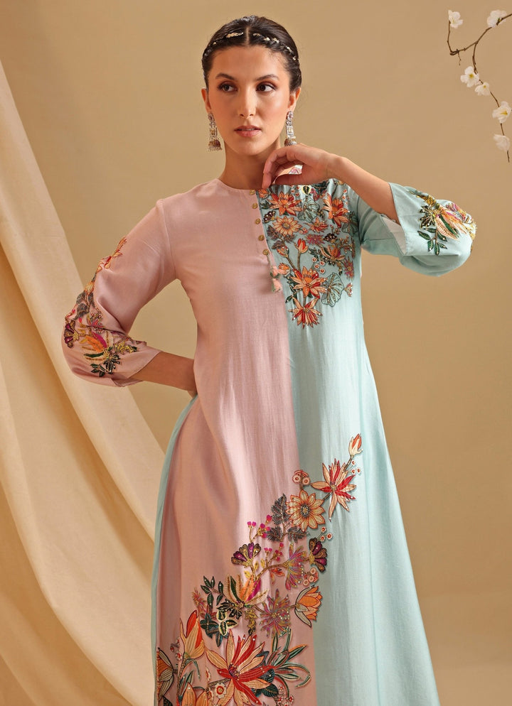 Pink And Blue Floral Embroidery Bloom Chanderi Dress Soup By Sougat Paul - Fabilicious Fashion