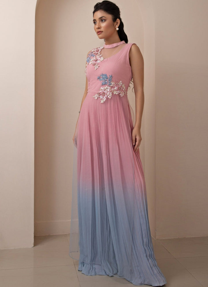 Pink And Blue Ombre Chiffon Jumpsuit With Floral Embroidery Smriti - Fabilicious Fashion