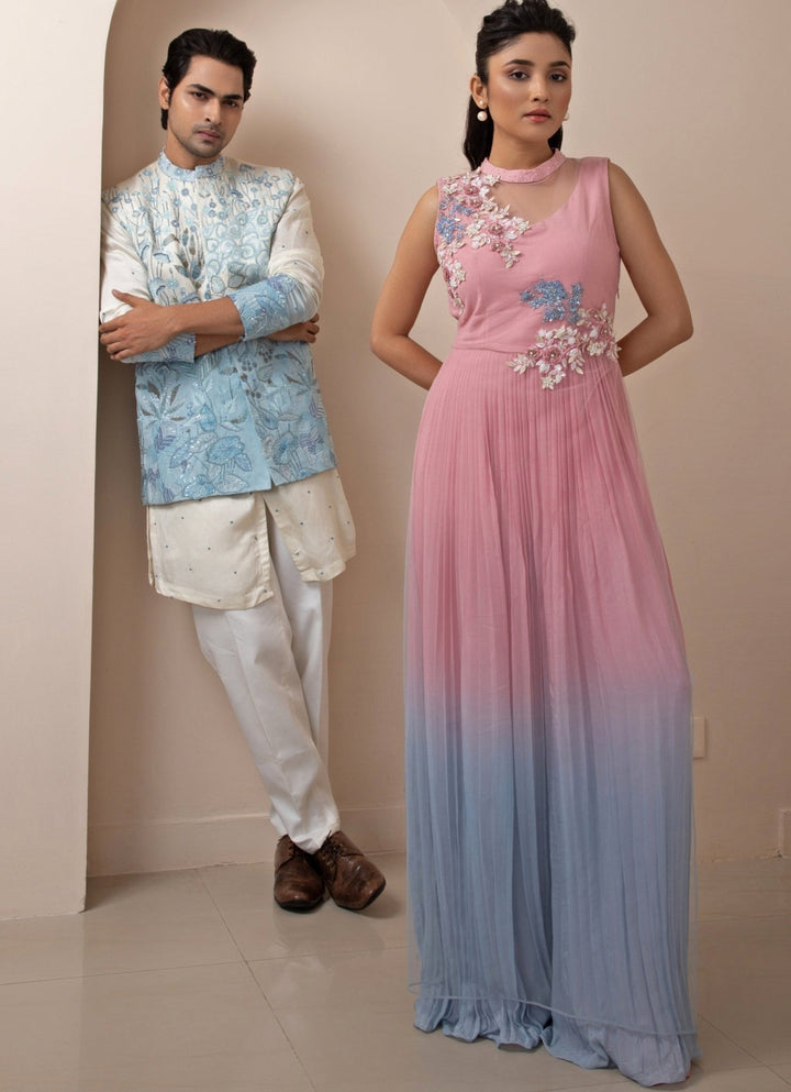 Pink And Blue Ombre Chiffon Jumpsuit With Floral Embroidery Smriti - Fabilicious Fashion