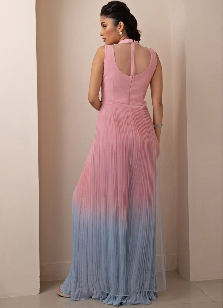 Pink And Blue Ombre Chiffon Jumpsuit With Floral Embroidery Smriti - Fabilicious Fashion