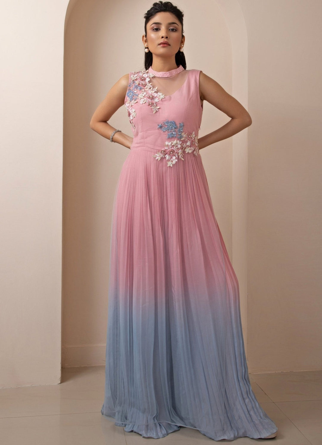 Pink And Blue Ombre Chiffon Jumpsuit With Floral Embroidery Smriti - Fabilicious Fashion